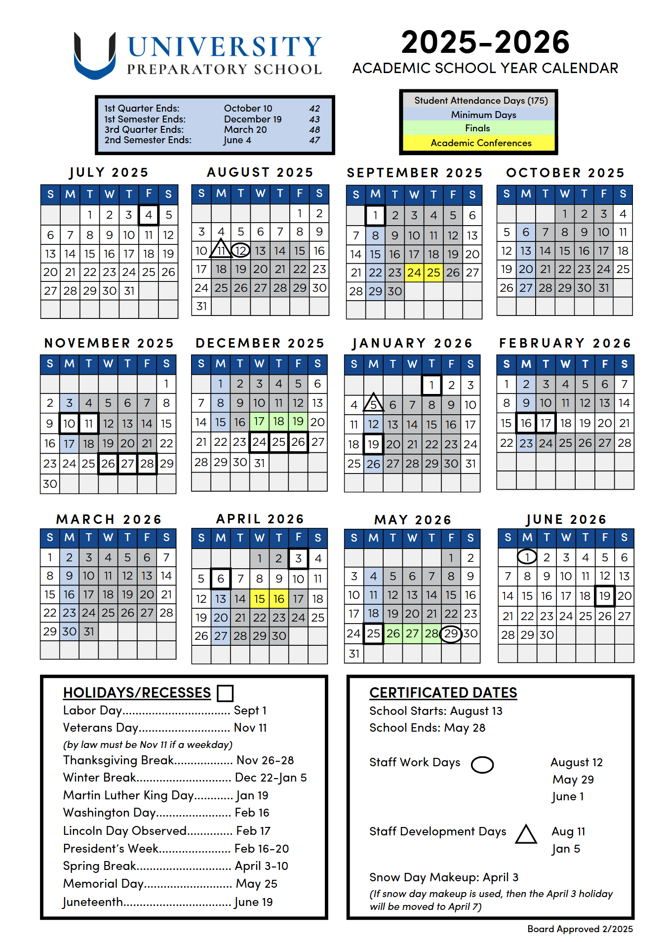 U-Prep 2025-26 Academic Calendar